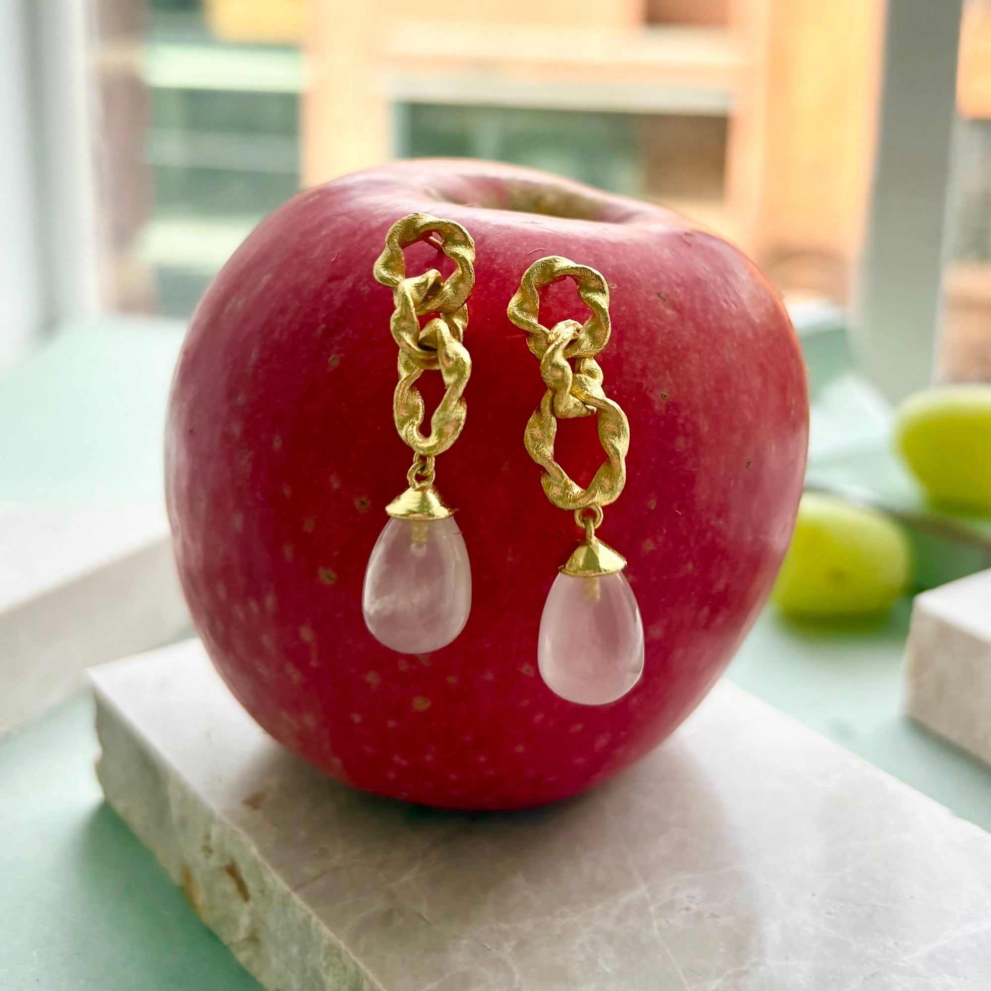 Double Twisted Loops Earrings in Rose Quartz