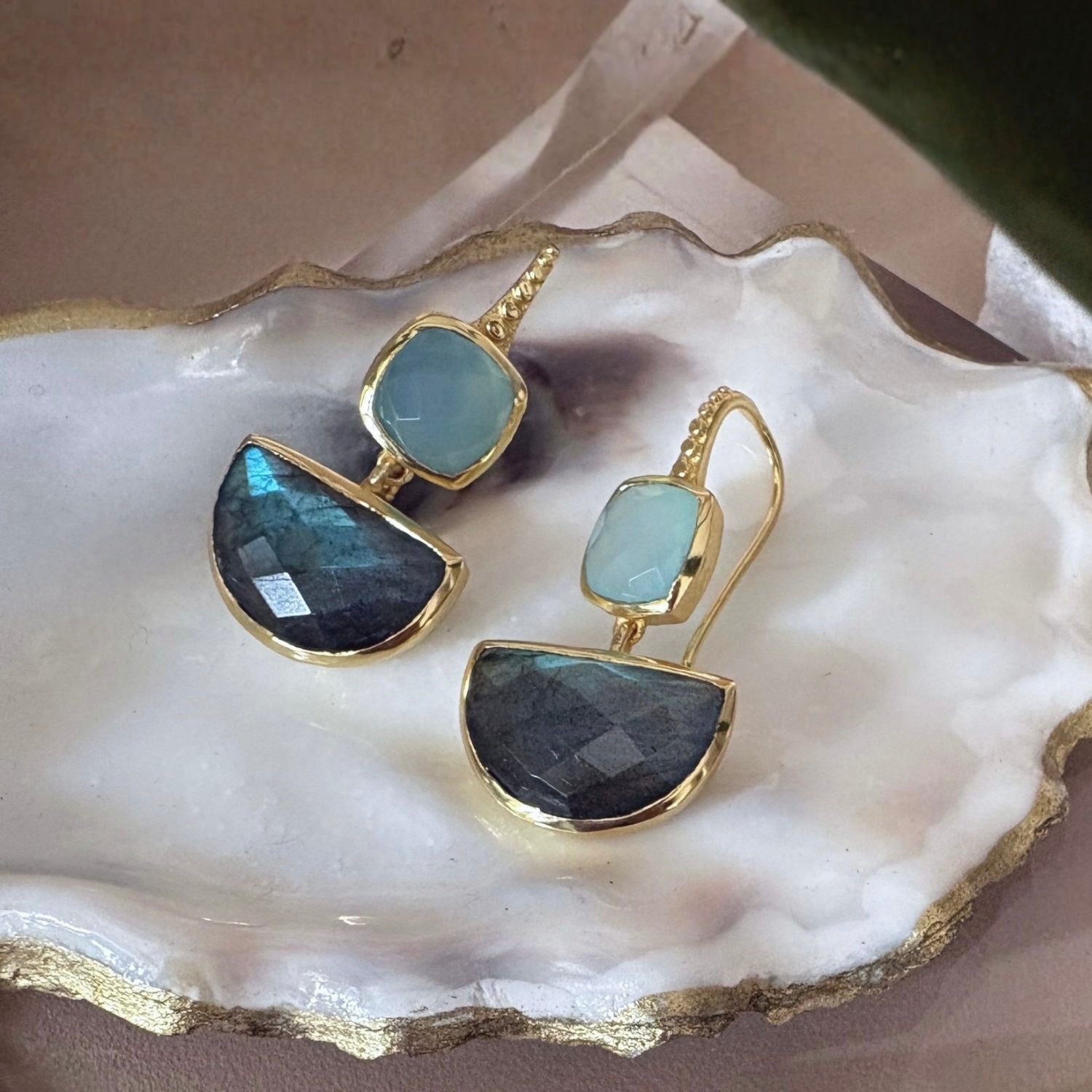 Charis Halfmoon Double Gemstone Earrings Pariba Onyx &amp; Labradorite
