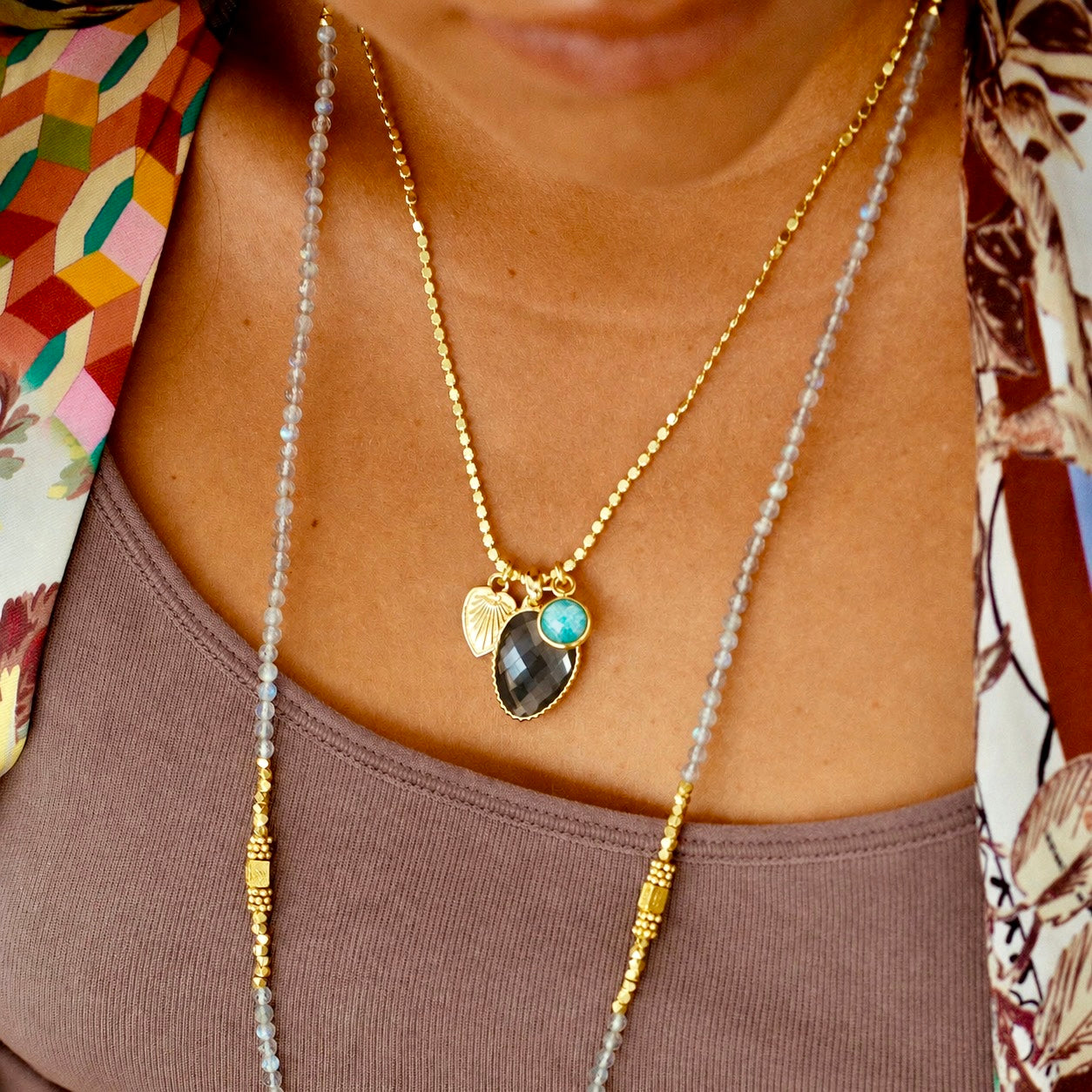 Odyssey Two Stone Pendant Necklace with Palm Leaf Charm Pyrite &amp; Amazonite