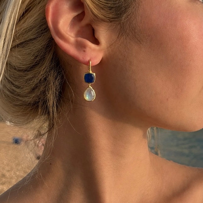 Charis Double Gemstone Earrings Blue Jade &amp; Moonstone