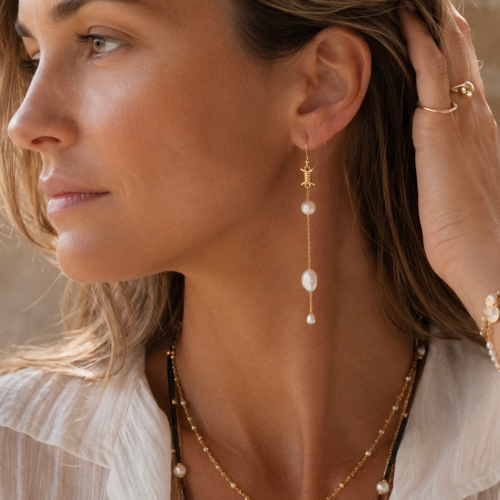 Eva Long Drop Pearl &amp; Barbed Wire Earrings