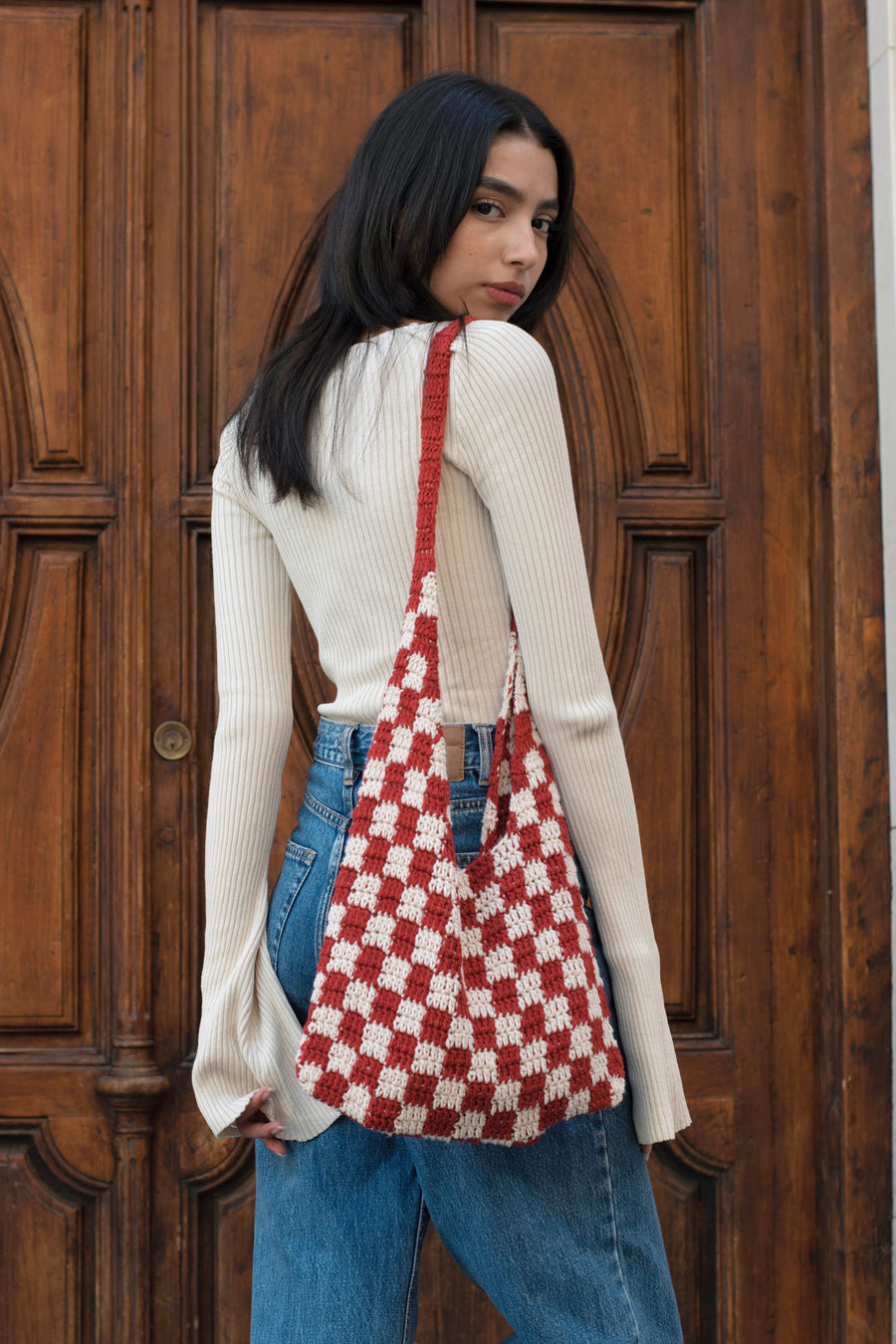 Hand-Made Crochet Cotton Tote Bag - Eco-Friendly & Sustainable Fashion - 55cm Height, 33cm Handle Drop by Sook Stainable at brixbailey.com