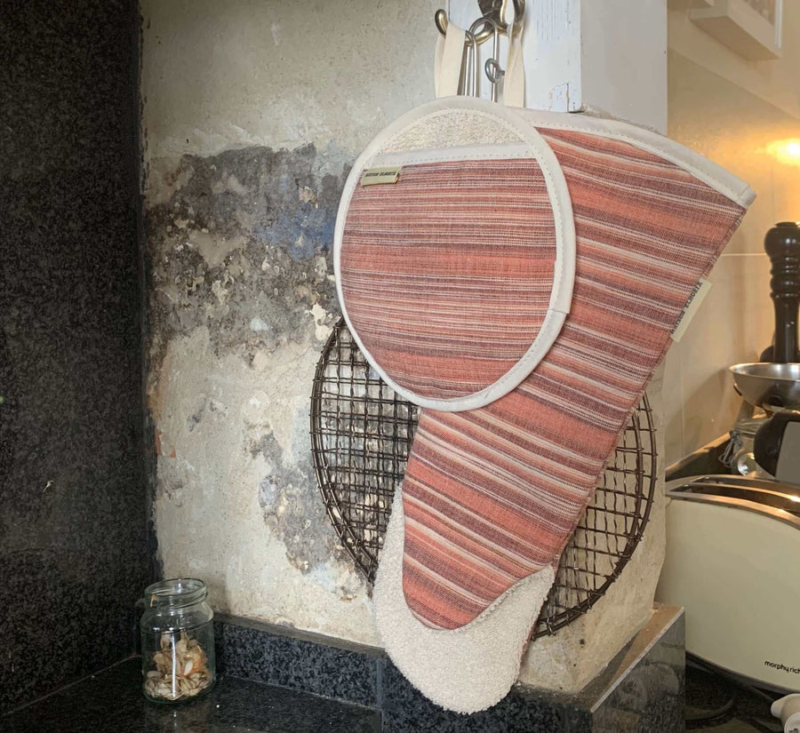 Luxury red and natural striped cotton long oven glove, premium heavy weight gauntlet style with heat protection, handcrafted in UK by Maison Elhoria at brixbailey.com