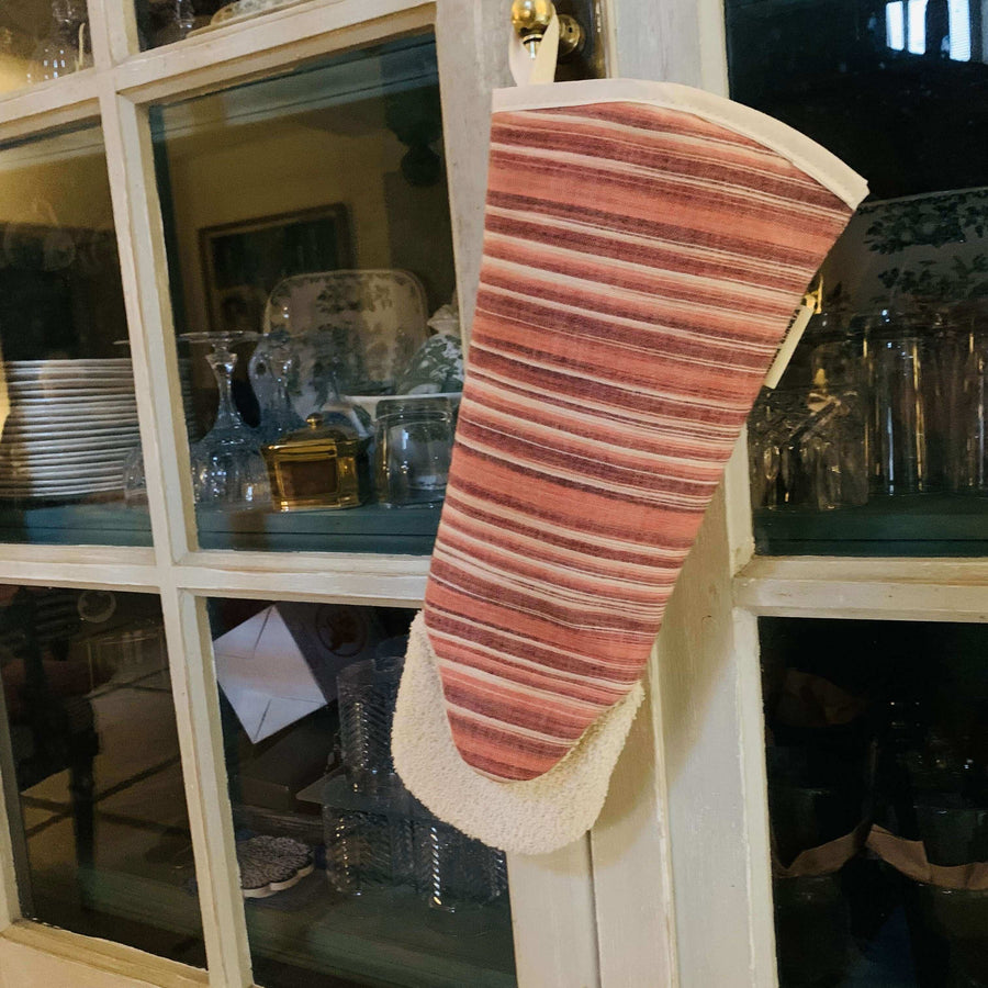 Premium long oven glove, luxury heavy weight cotton with rich red and natural stripes, handcrafted UK gauntlet style, reliable heat protection by Maison Elhoria at brixbailey.com