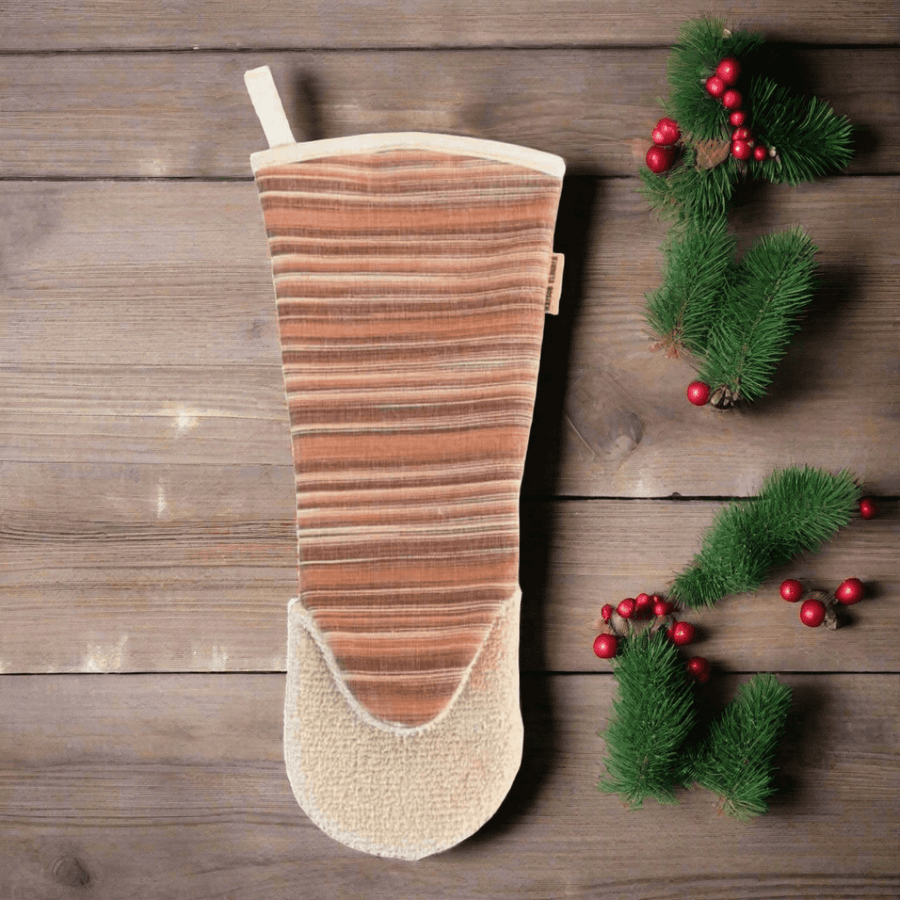 Luxury red and natural striped heavy weight cotton gauntlet oven glove, premium handcrafted UK heat protection, long arm safety, stylish cottage kitchen essential by Maison Elhoria at brixbailey.com