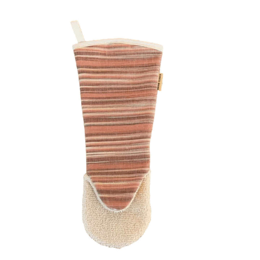 Luxury long oven glove, premium heavy weight cotton with rich red and natural stripes, handcrafted UK limited edition by Maison Elhoria at brixbailey.com