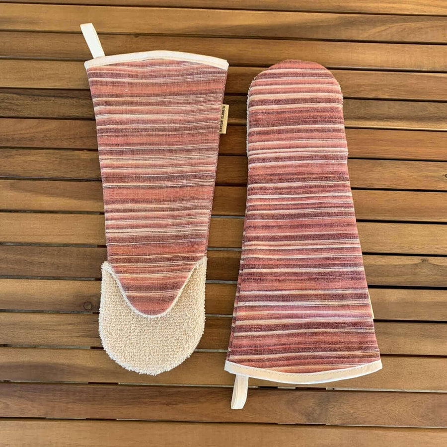 Luxury long oven glove, heavy weight premium cotton with rich red and natural stripes, handcrafted UK limited edition by Maison Elhoria at brixbailey.com