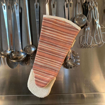 Luxury red and natural striped long oven glove, premium heavy weight cotton gauntlet, handcrafted UK heat protection, best-selling cottage style kitchen essential by Maison Elhoria at brixbailey.com