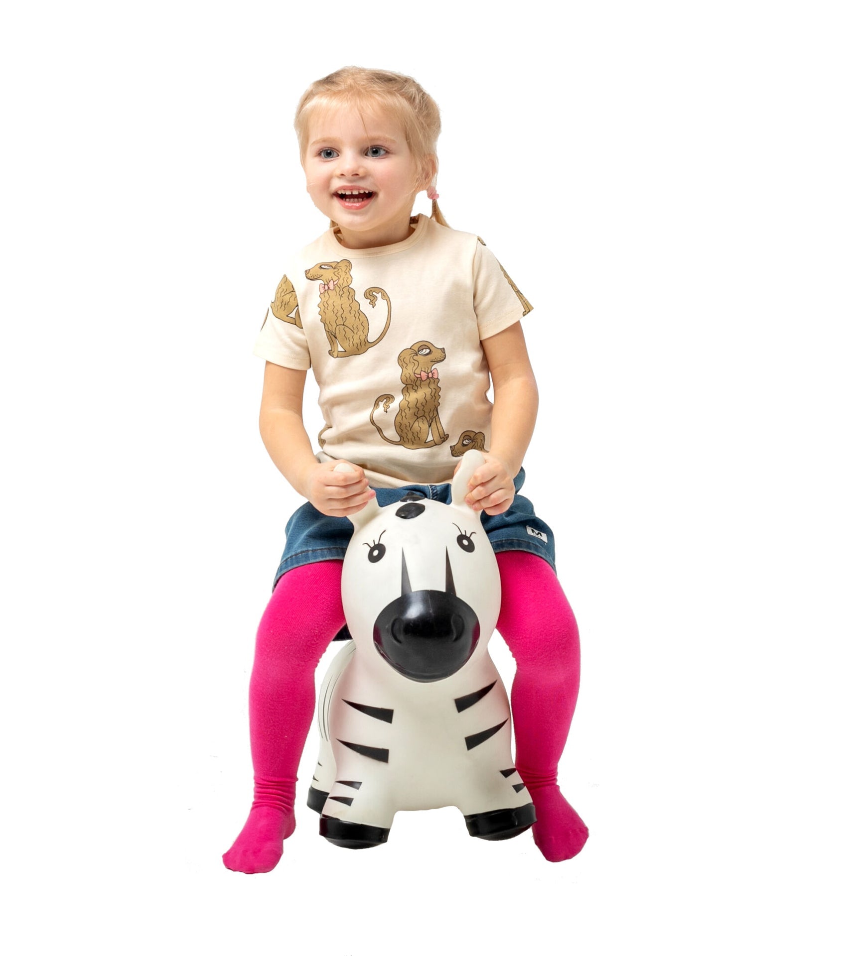 bold zebra hopper toy for kids on a vibrant play mat