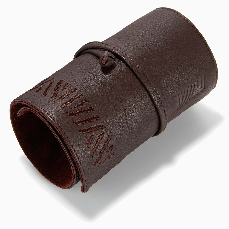 Premium brown leather cheese and wine organizer with brass knives, corkscrew, and bottle stopper, luxury gift box by MANTIDY at brixbailey.com