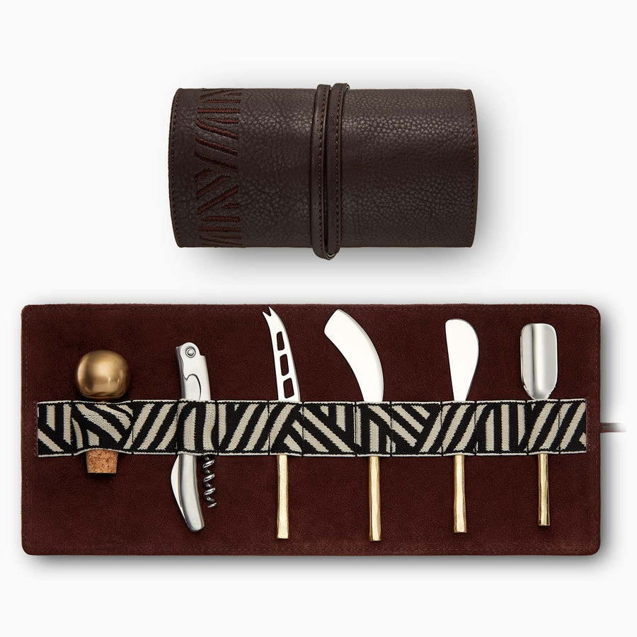 Luxury brown gaucho cheese and wine roll with brass gold knives, genuine cowhide leather, stainless steel corkscrew, gift box by MANTIDY at brixbailey.com