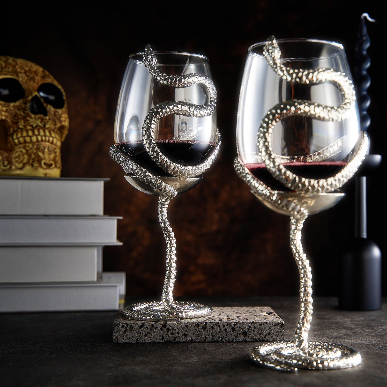 Stemmed Snake Wine Glass | Set of 2 | 19oz Spooky Reptile Glasses 10" H, Goth Gifts, Skeleton Gifts, Skeleton Decor, Spooky Wine Gift Set, Perfect for Themed Parties (Silver)-2