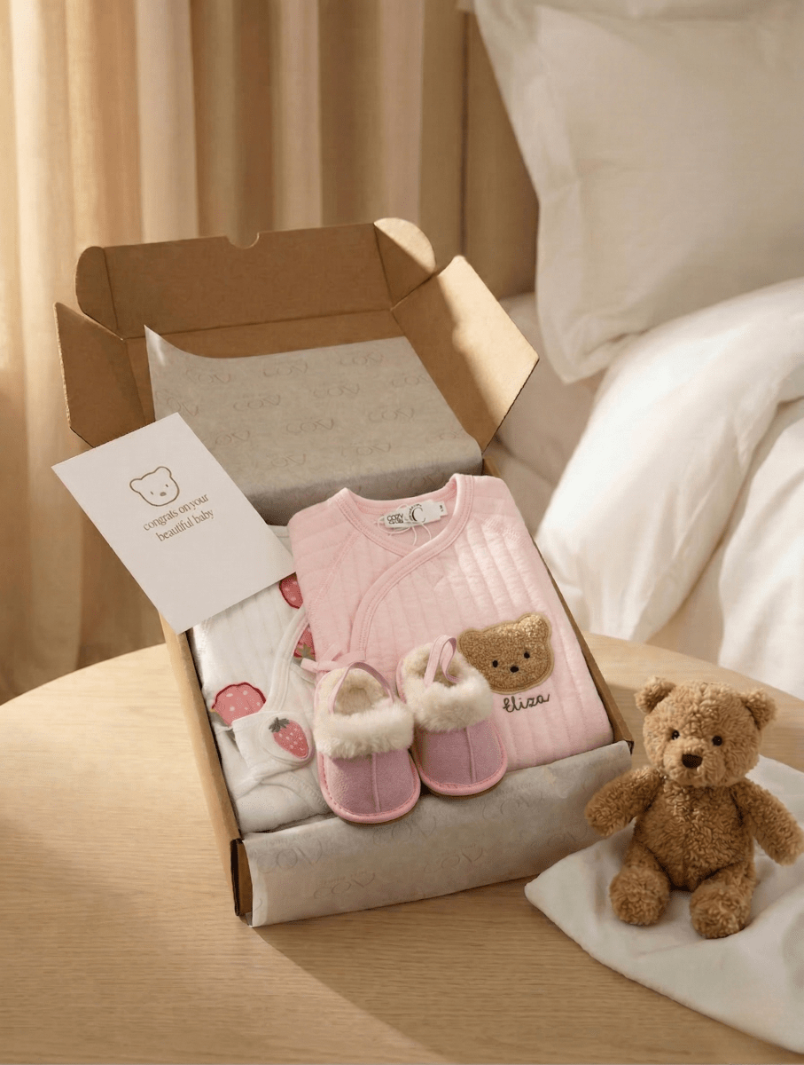The Cozy Pink Boucle Baby Bear &amp; Strawberry Personalised Gift Box