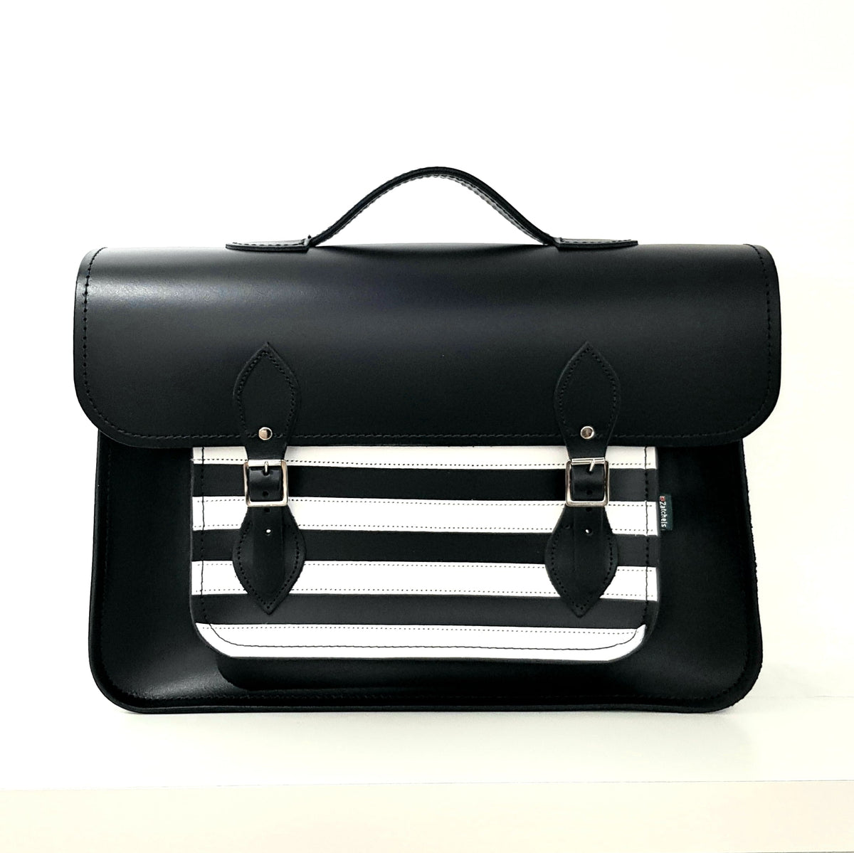 Handmade Leather Satchel - Gothic Striped White &amp; Black