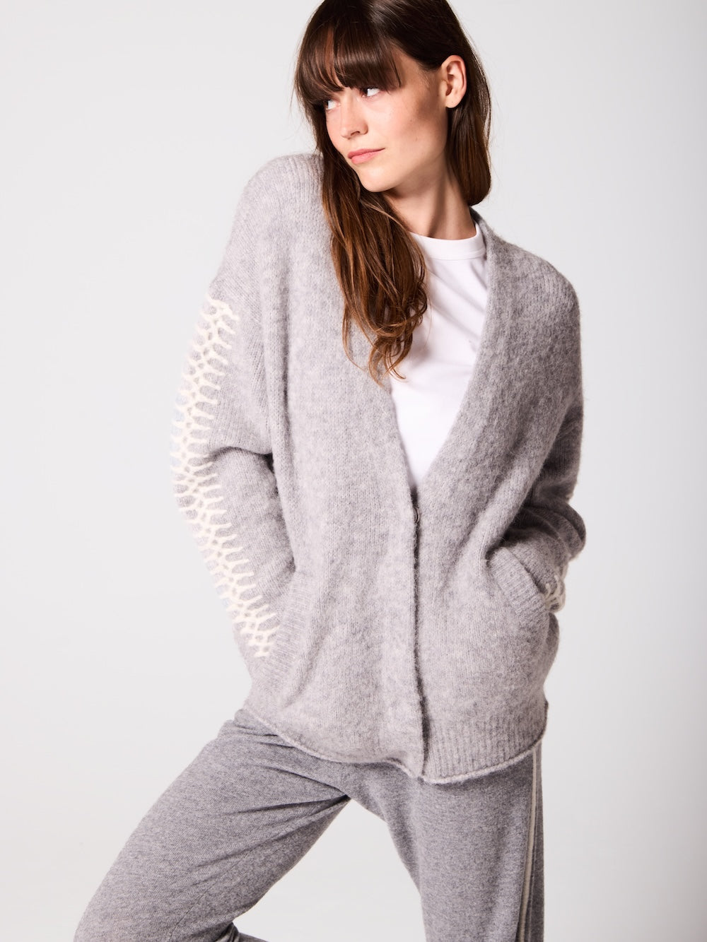 Soft Grey Mix Alpaca Wool Cardigan With Ivory Stitching