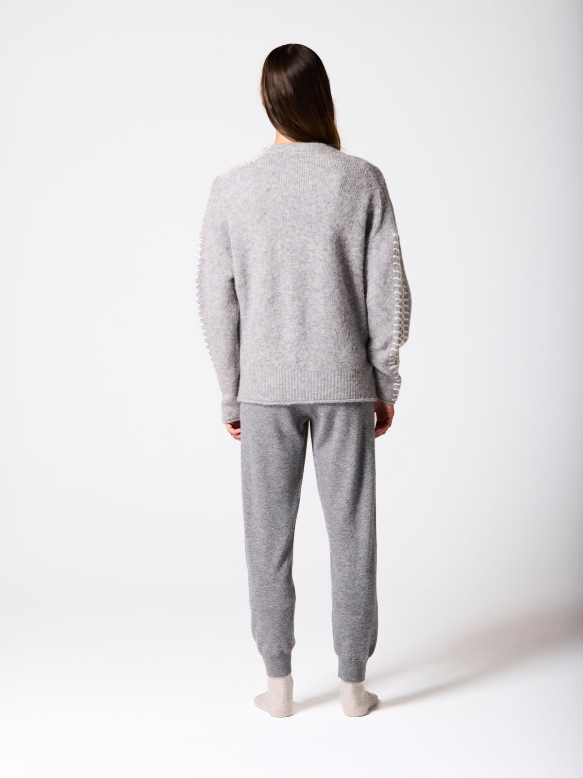 Soft Grey Mix Alpaca Wool Cardigan With Ivory Stitching