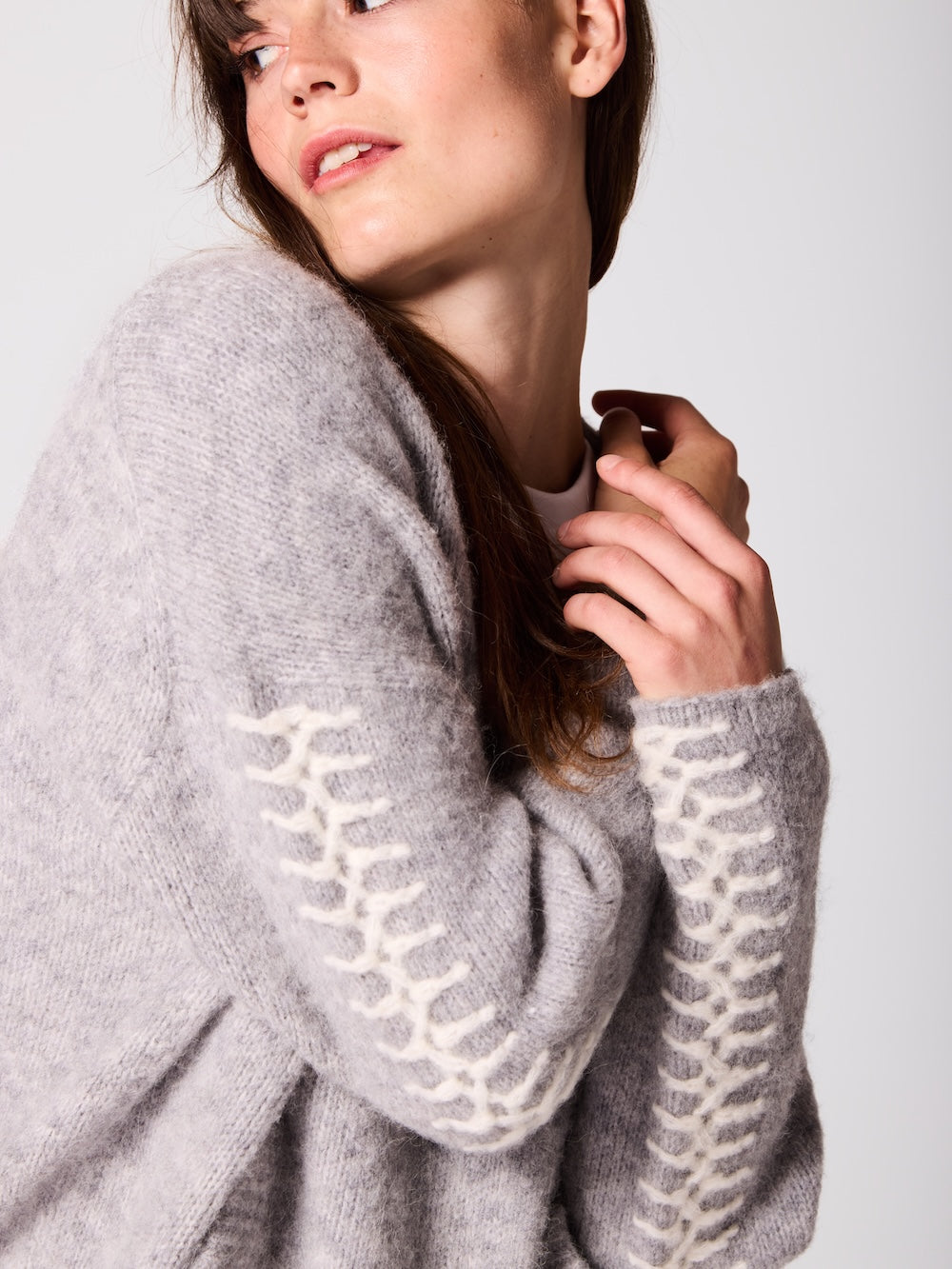 Soft Grey Mix Alpaca Wool Cardigan With Ivory Stitching