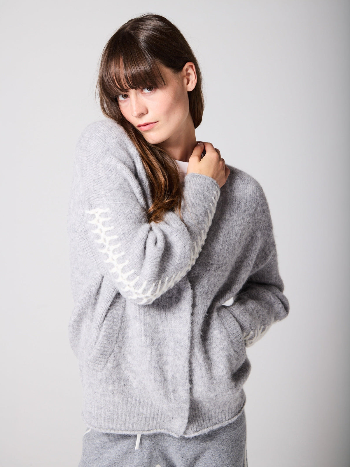 Soft Grey Mix Alpaca Wool Cardigan With Ivory Stitching