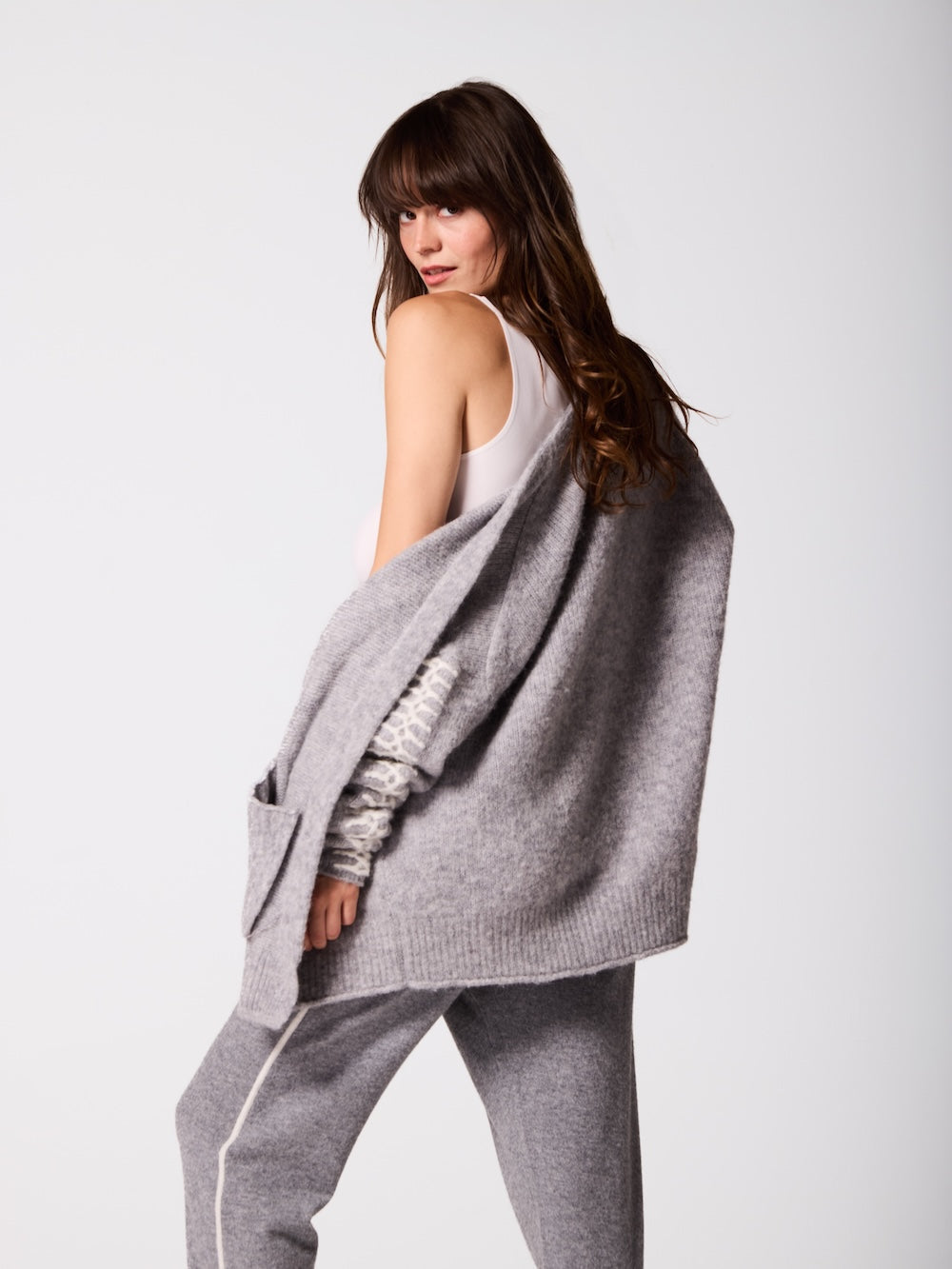 Soft Grey Mix Alpaca Wool Cardigan With Ivory Stitching