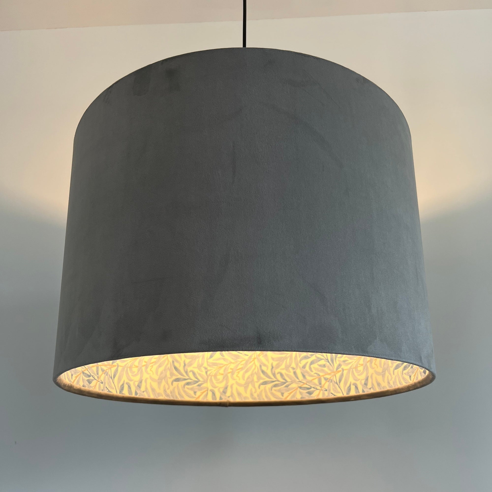 Grey Velvet &amp; William Morris Blue Willow Leaves Double Sided Drum Lampshade | Handmade Ceiling Light Shade | Bespoke UK