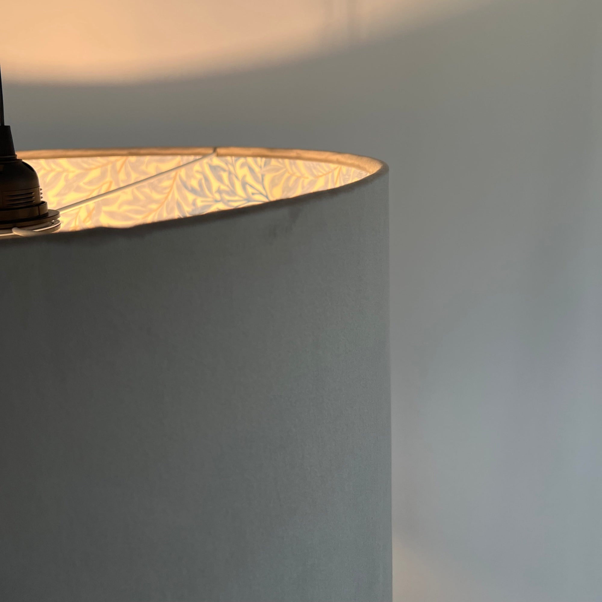 Grey Velvet &amp; William Morris Blue Willow Leaves Double Sided Drum Lampshade | Handmade Ceiling Light Shade | Bespoke UK
