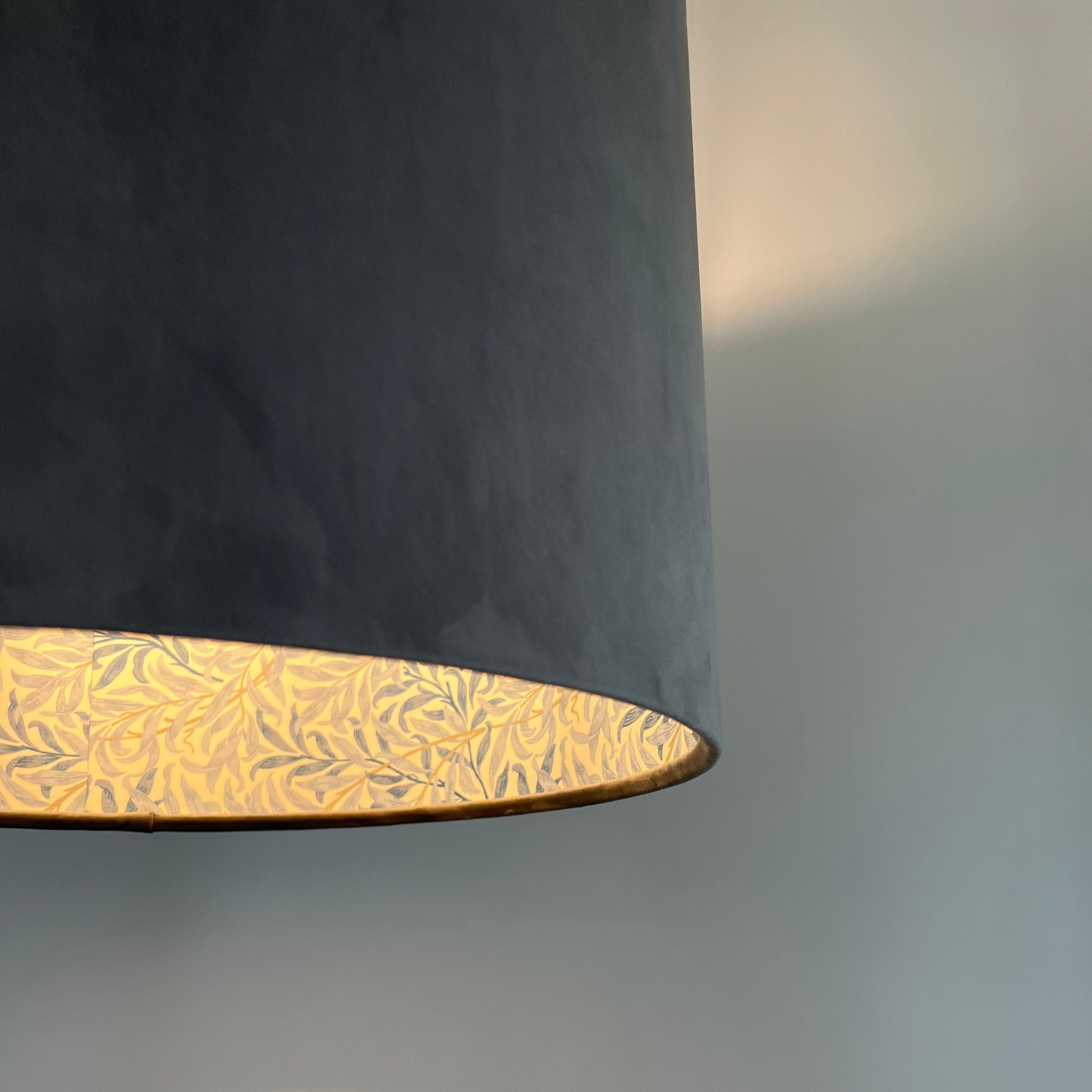 Grey Velvet &amp; William Morris Blue Willow Leaves Double Sided Drum Lampshade | Handmade Ceiling Light Shade | Bespoke UK