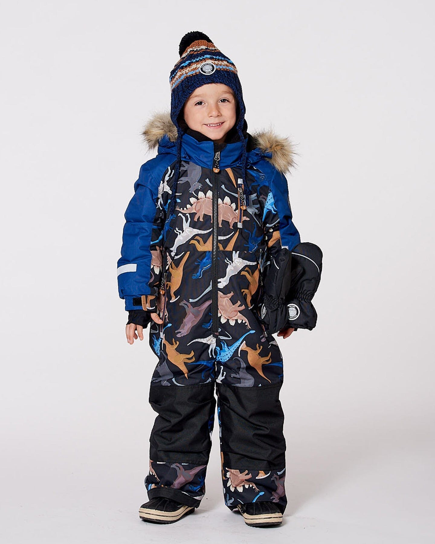 One Piece Play Snowsuit Black Dinosaur Print