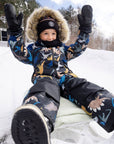 One Piece Play Snowsuit Black Dinosaur Print