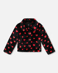 Faux Fur Short Coat Black and Red with Hearts