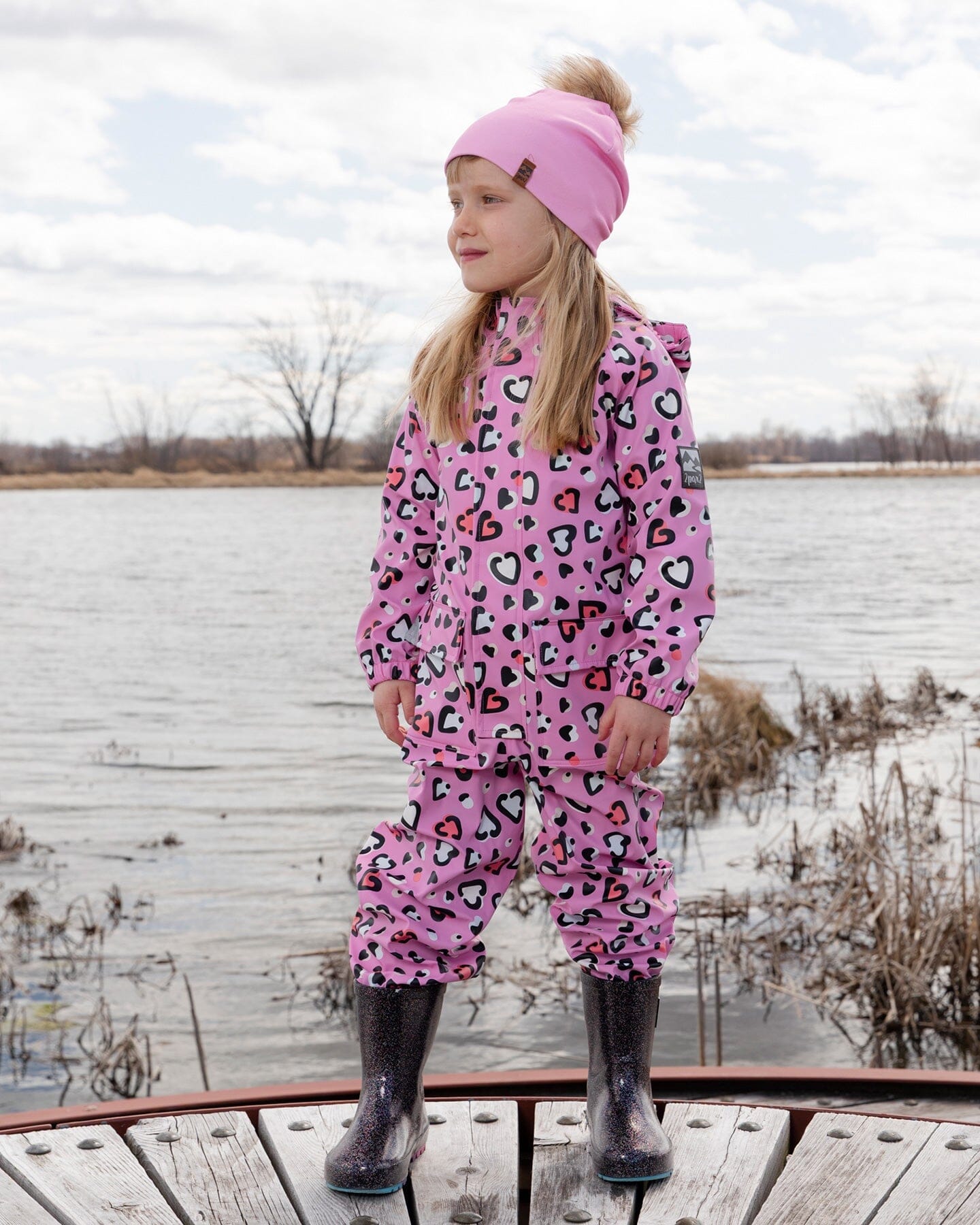 Pink rain jumpsuit with color-changing hearts print-1