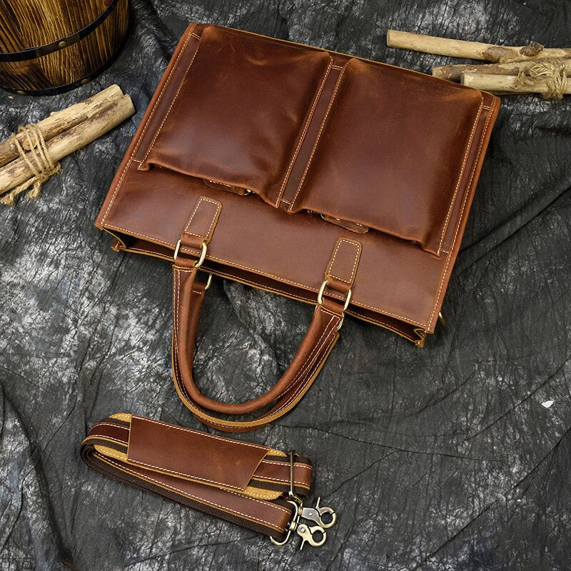 Premium Dagmar vintage leather briefcase, luxury crazy horse leather messenger bag for laptop and essentials, stylish and durable by Steel Horse Leather at brixbailey.com