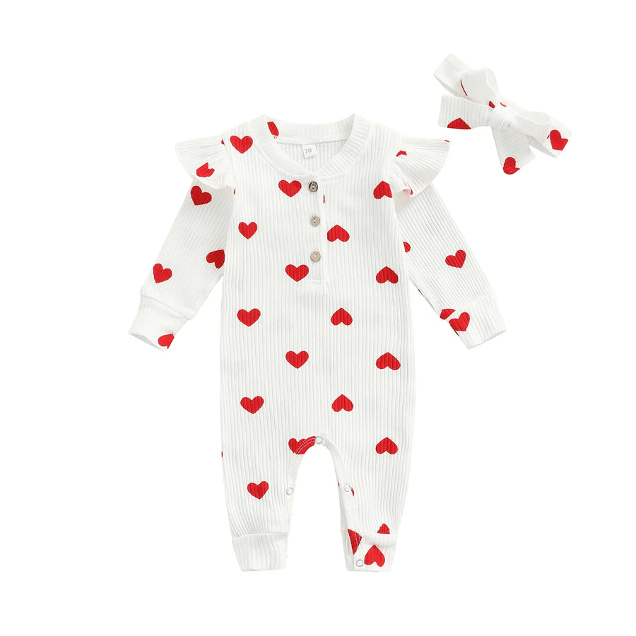 Heart Print Romper & Bow Headdress Set for Baby Girls - Soft Polyester Spring & Autumn Outfit by Baby Lamby at brixbailey.com