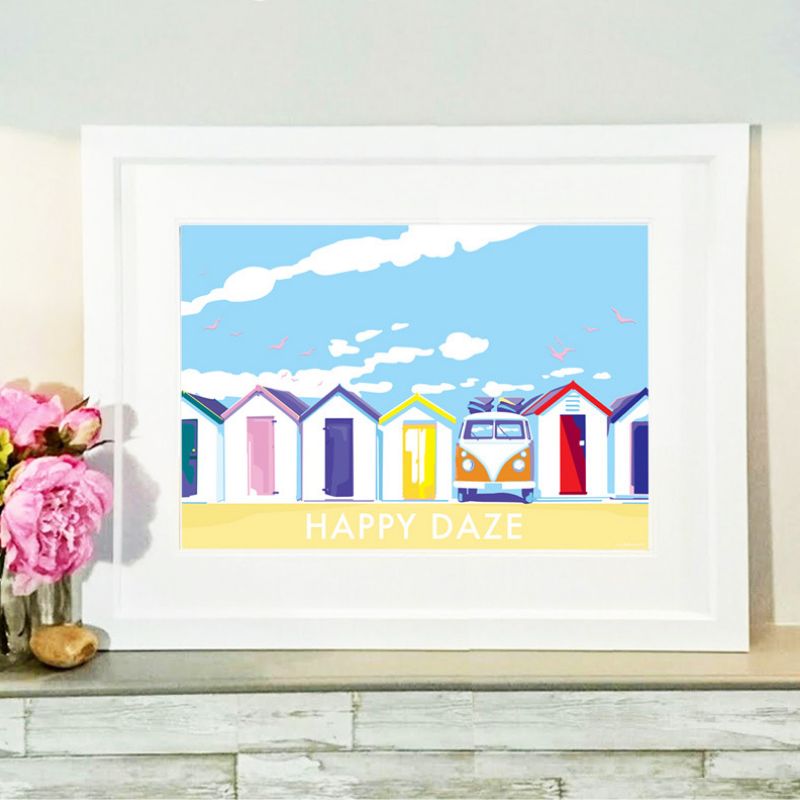Vintage Seaside Print with Beach Huts and Camper Van