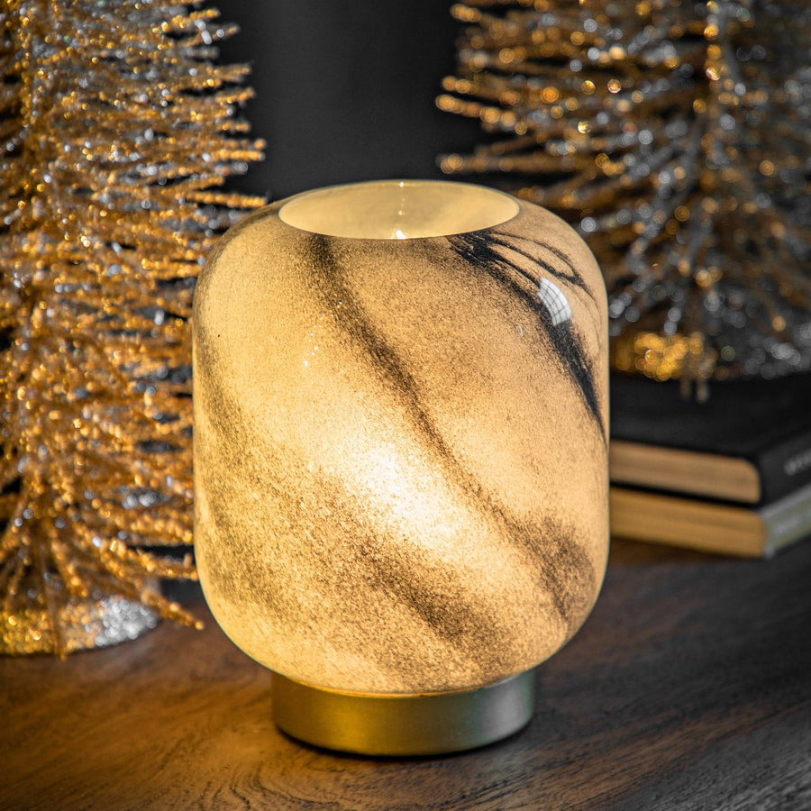 Luxury amber cordless lamp with black marble glass shade and gold metal base, battery-powered ambient lighting for home decor by Ella James at brixbailey.com