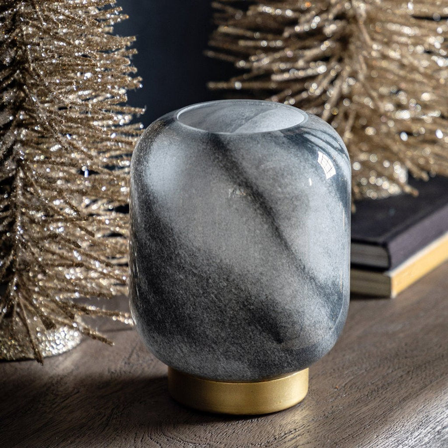 Amber cordless lamp with black marble glass shade and gold metal base, battery-powered ambient lighting for home decor by Ella James at brixbailey.com