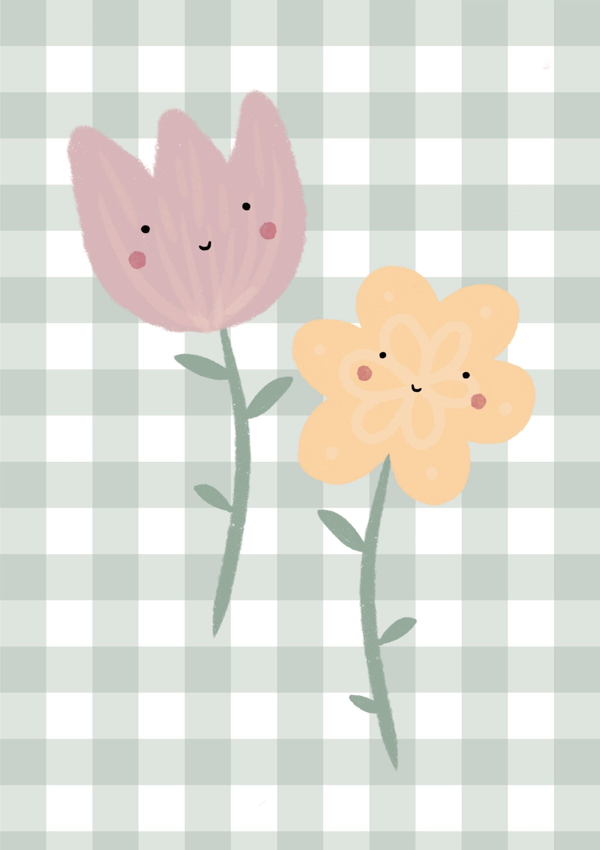 Happy Flowers Print - Green Gingham