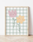 Happy Flowers Print - Green Gingham