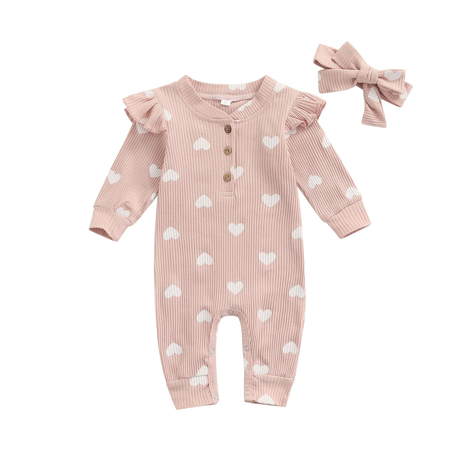 Heart Print Romper + Bow Headdress Set for Baby Girls - Soft Polyester Spring & Autumn Outfit by Baby Lamby at brixbailey.com