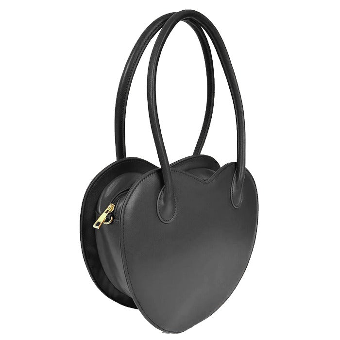 bold black leather shoulder bag with love heart motif - sleek zipper and gold hardware for a confident look