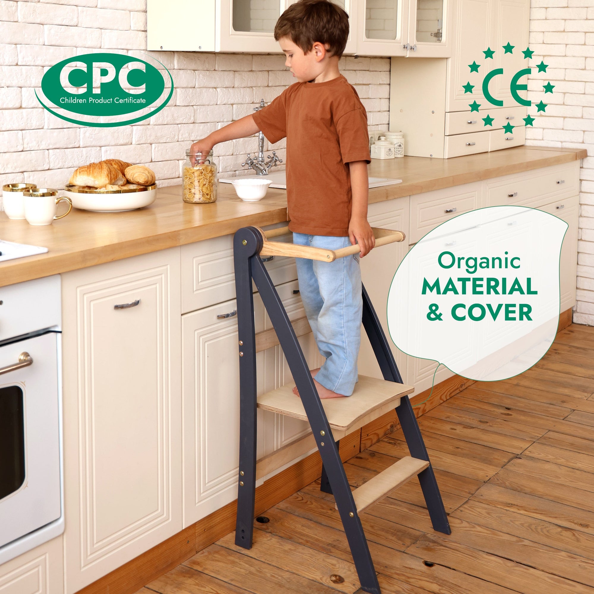 Folding Helping Stool – Montessori Growing Chair with Safety Rails for Toddlers – Grey-3