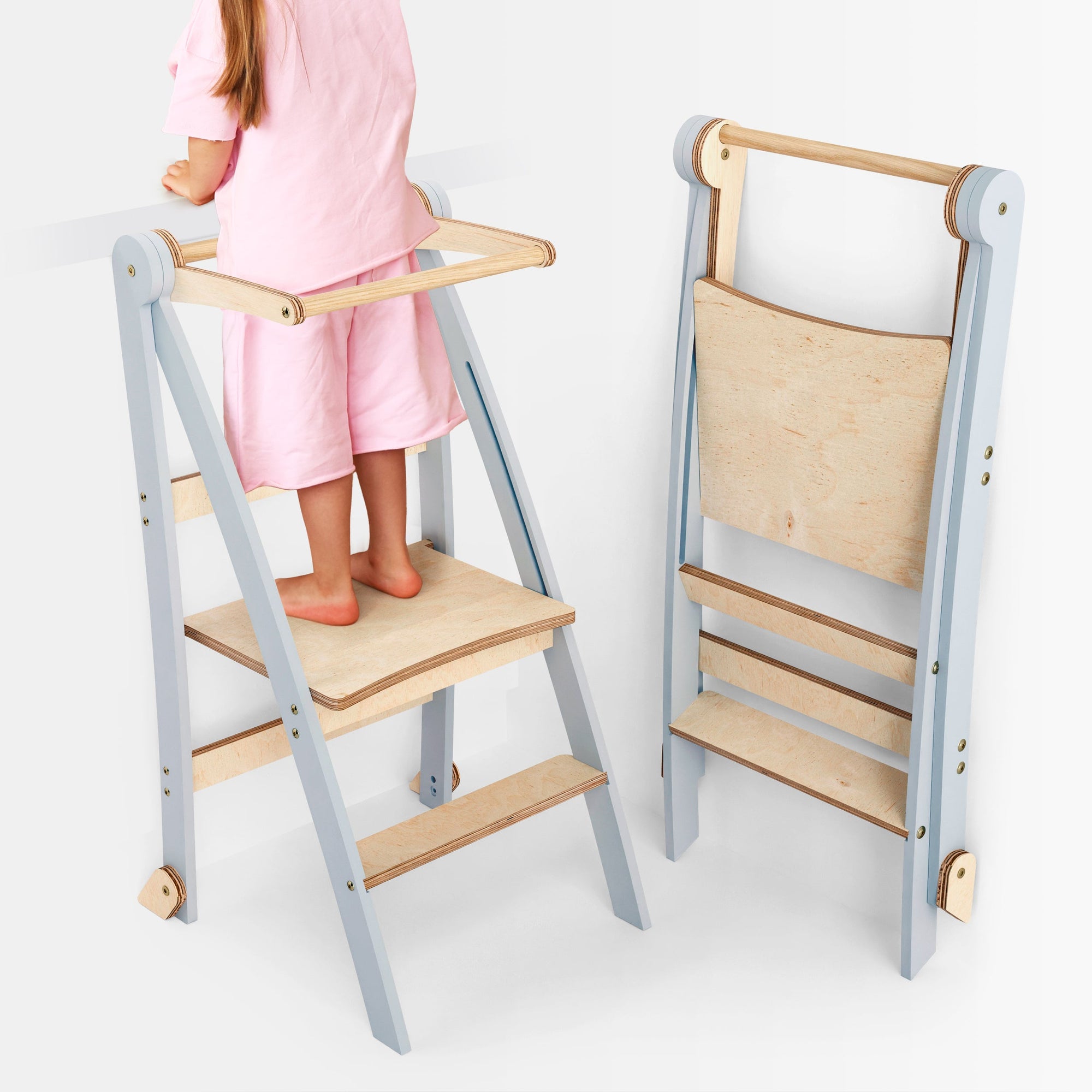 Folding Helping Stool – Montessori Growing Chair with Safety Rails for Toddlers – Grey-0