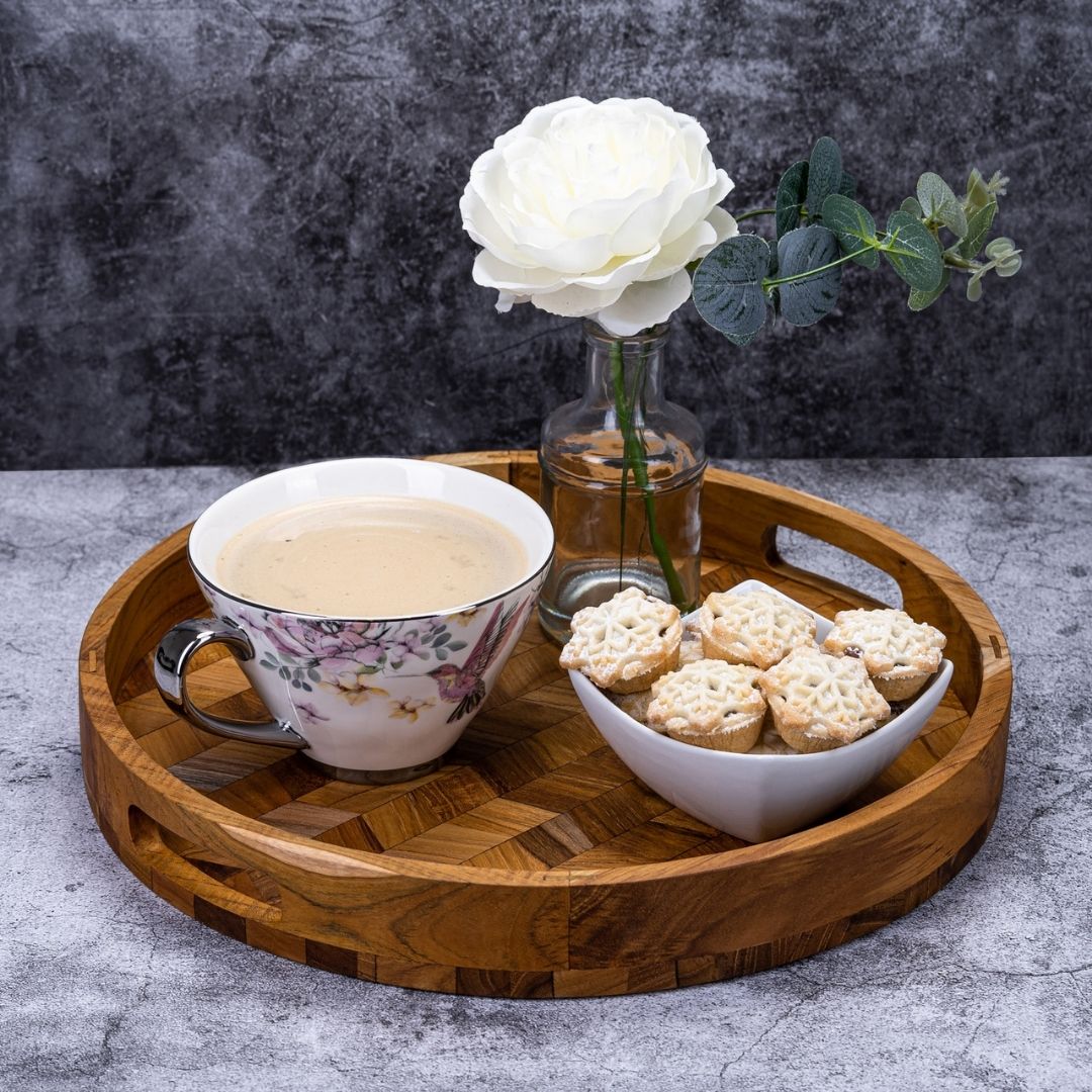 Herringbone Pattern Round Wooden Serving Tray