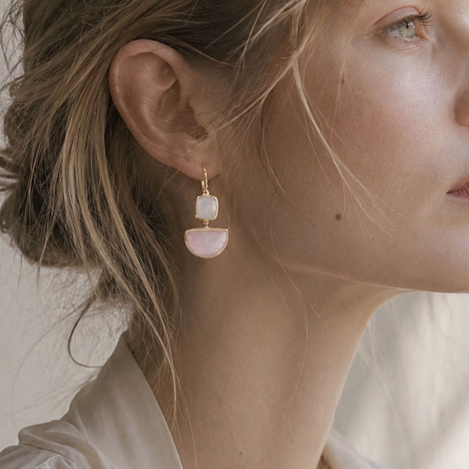 Charis Halfmoon Double Gemstone Earrings Moonstone &amp; Rose Quartz