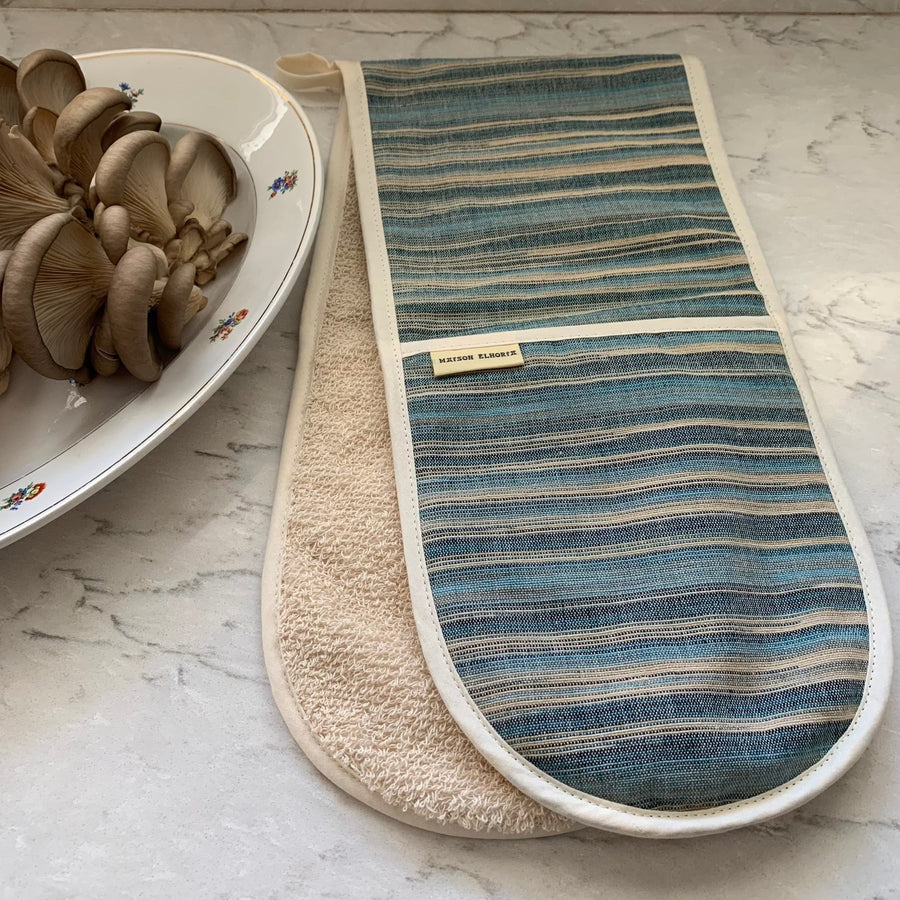 Premium blue striped double oven glove, luxury handwoven cotton, heat-resistant, stylish beach house design, best-selling kitchen essential by Maison Elhoria at brixbailey.com