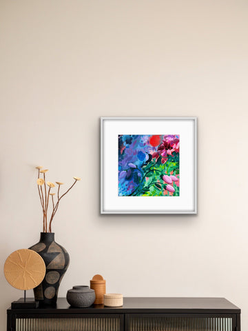 Secret Strawberry floral art print, unframed or framed, 30x30cm, signed, indigo print, black or white frame option by Michael Sutherland Art at brixbailey.com
