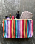 Premium rainbow toiletry bag, large luxury organic cotton waterproof British woven recycled yarn, stylish versatile washable baby essentials travel pouch by Maison Elhoria at brixbailey.com