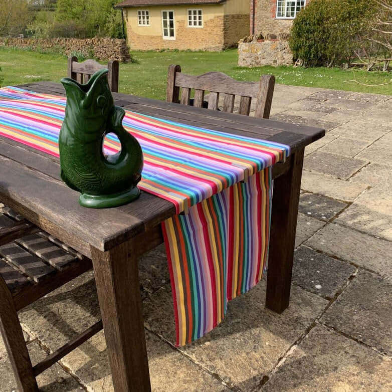 Luxury rainbow table runner, 100% cotton recycled organic, stylish 2.5m long, handcrafted in England, premium party decor by Maison Elhoria at brixbailey.com