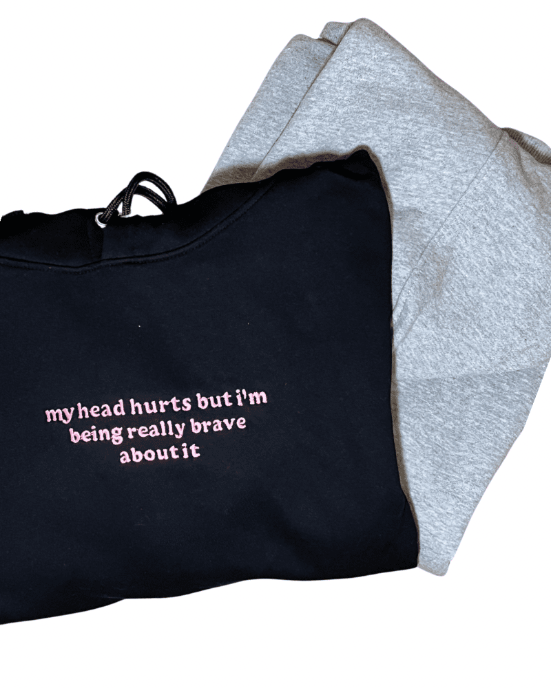 My Head Hurts Adult Hoodie, Premium Comfortable Stylish Trendy Unisex Pullover Sweatshirt by Flossie & George at brixbailey.com