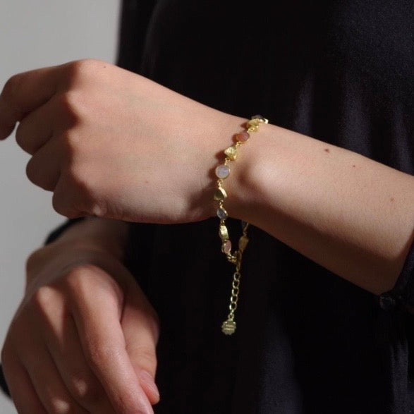 Gold Sara Mixed Gemstone Bracelet: Peach Moonstone, Labradorite &amp; Moonstone