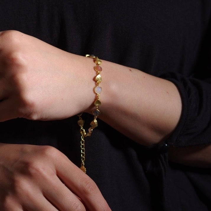 Gold Sara Mixed Gemstone Bracelet: Peach Moonstone, Labradorite &amp; Moonstone